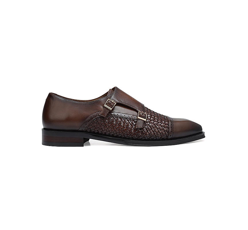 Brown Textured Leather Monk Straps