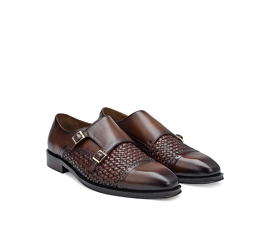 Brown Textured Leather Monk Straps