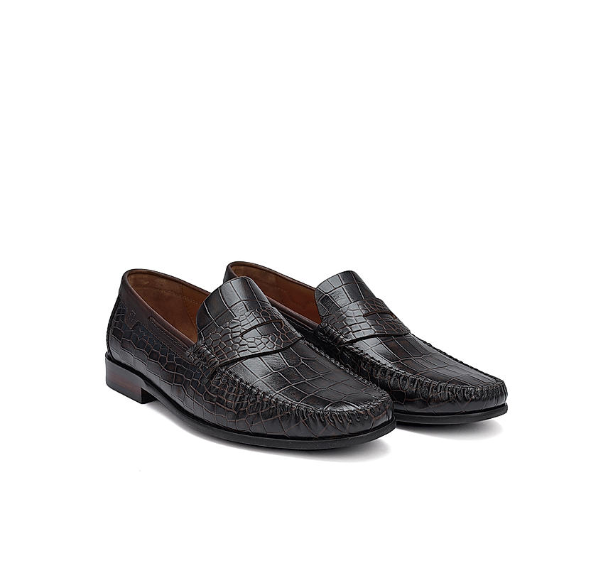 Brown Croco Textured Loafers