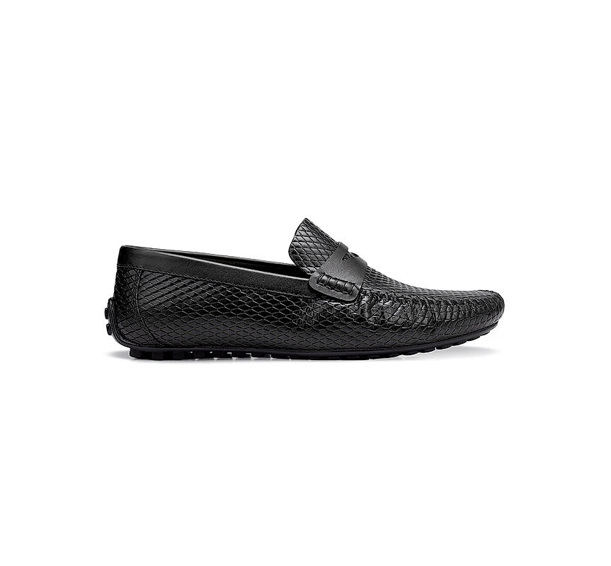 Black Textured Leather Moccasins