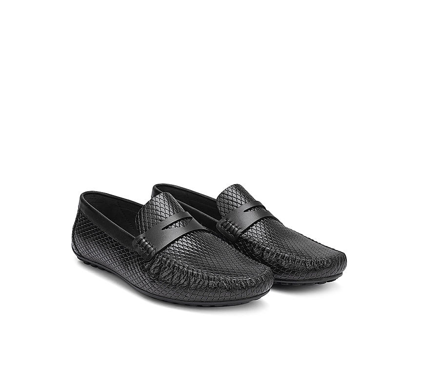 Black Textured Leather Moccasins