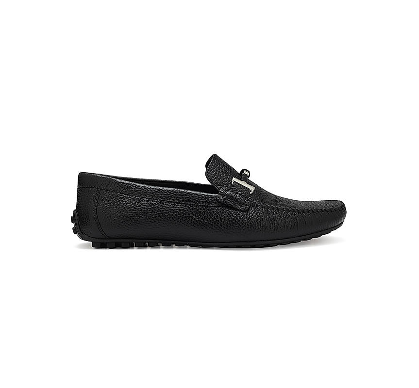 Black Textured Leather Moccasins