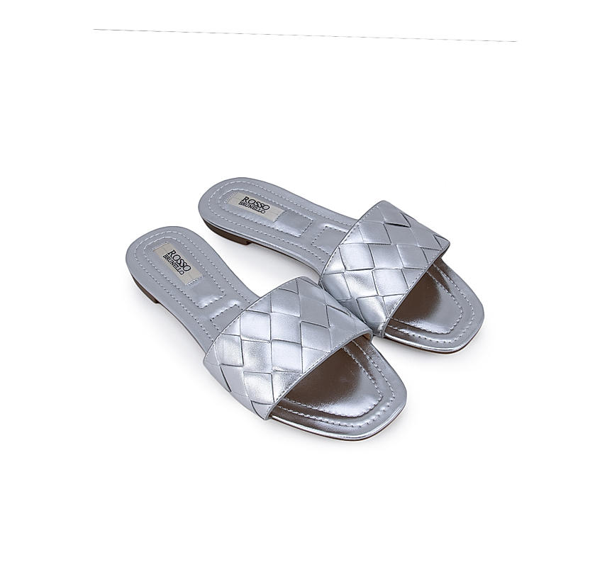 Silver Weave Textured Strap Flats