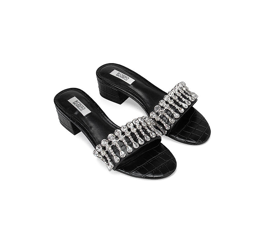 Black Croco Effect Embellished Heels