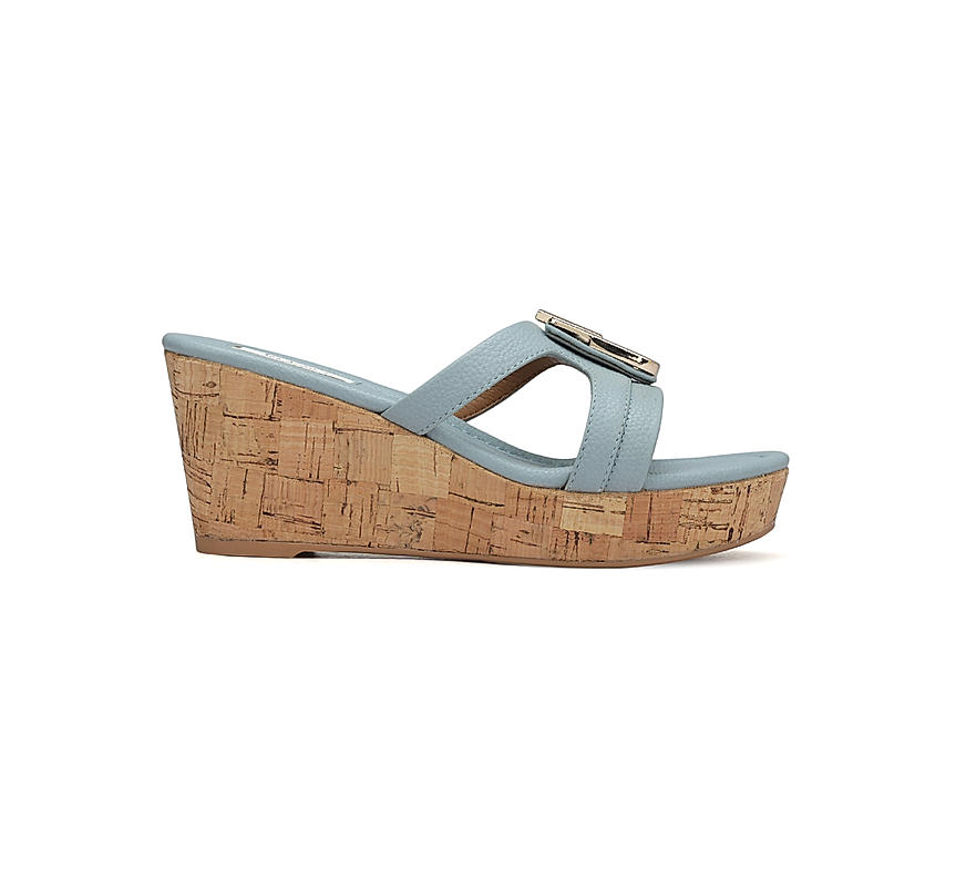 Blue Leather Wedges With Buckle