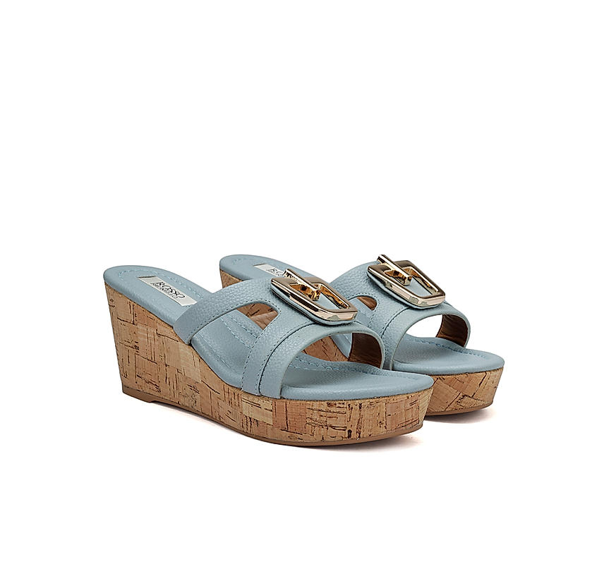 Blue Leather Wedges With Buckle