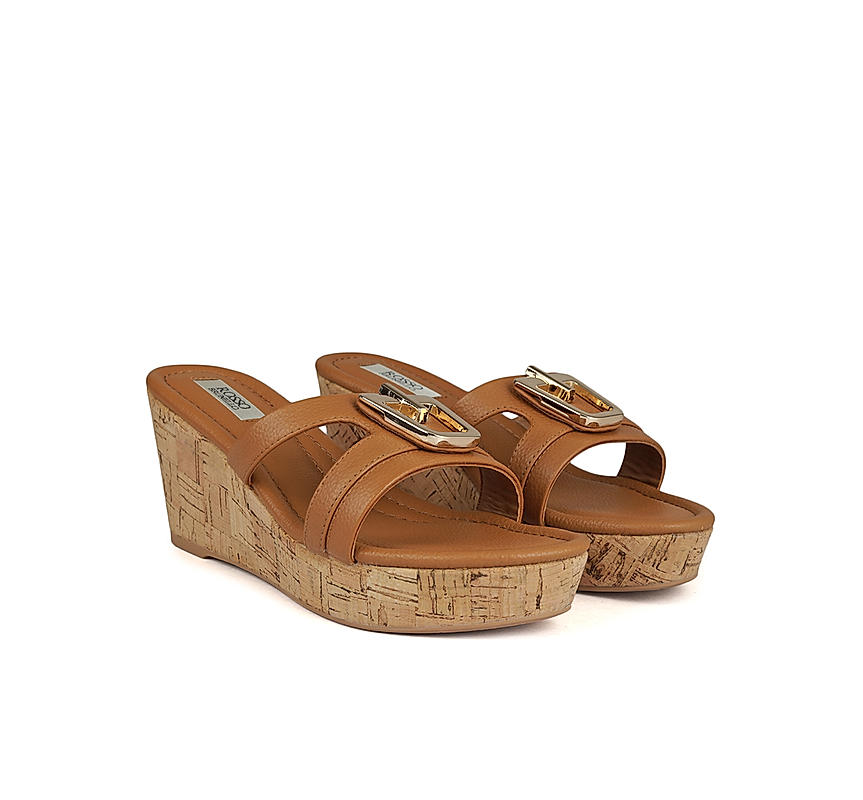 Tan Leather Wedges With Buckle