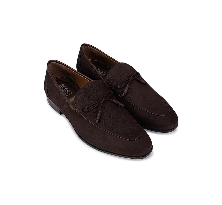 Coffee Textured Loafers With Bow Detail