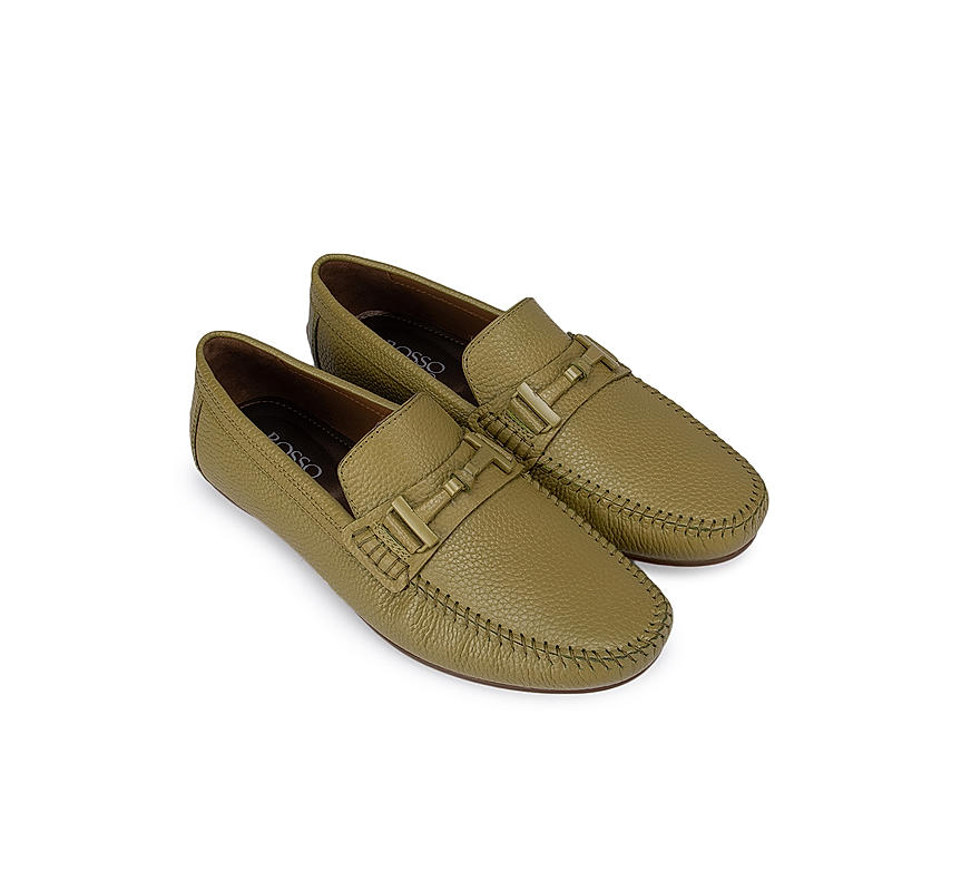 Green Textured Leather Panel Moccasins
