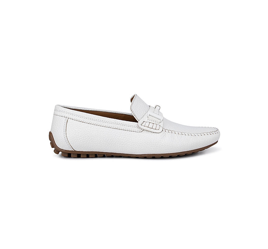 White Textured Leather Panel Moccasins