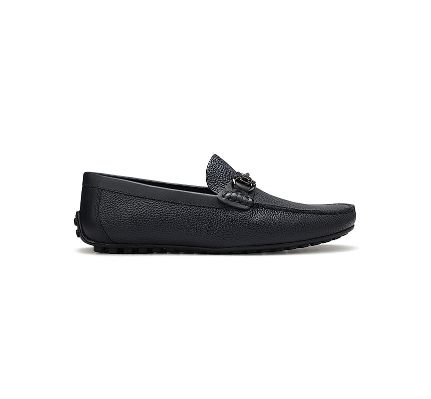 Navy Leather Moccasins With Buckle