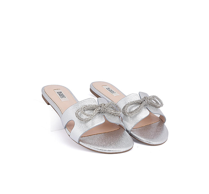 Silver Faux Leather Bow Flats