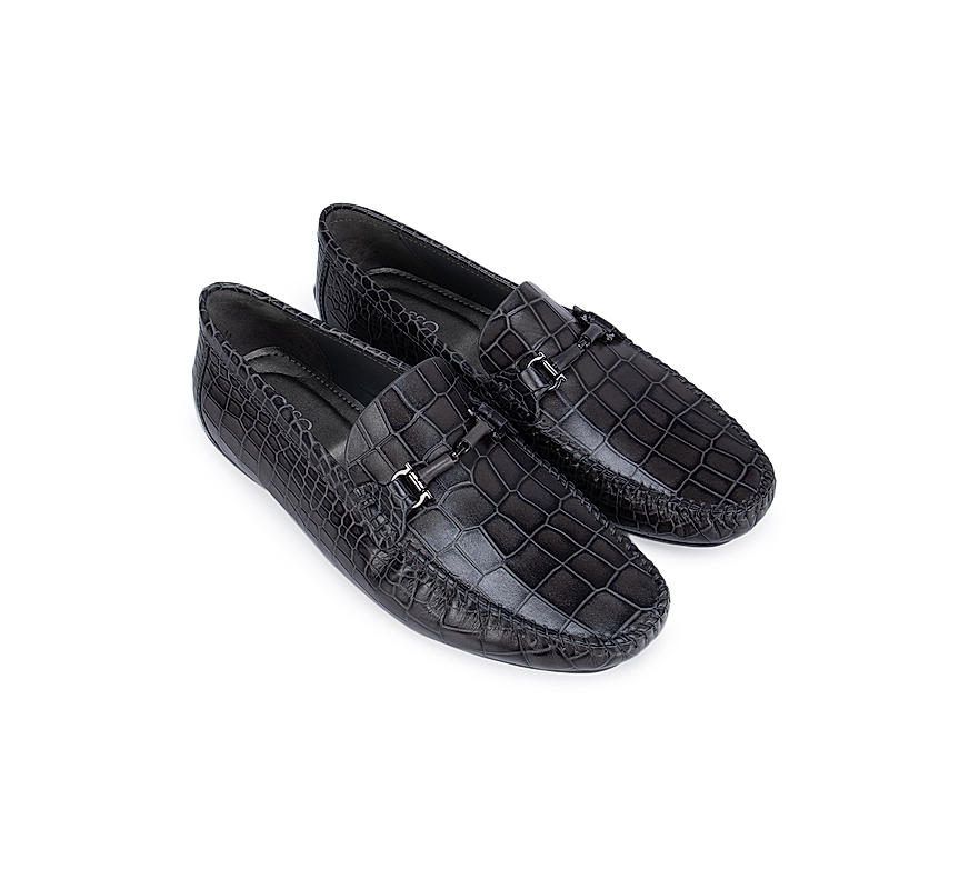 Grey Croco Textured Moccasins With Buckle