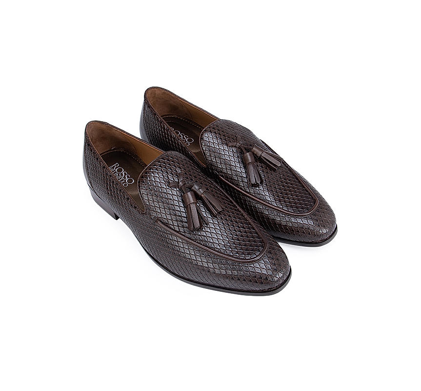 Coffee Textured Loafers With Tassels