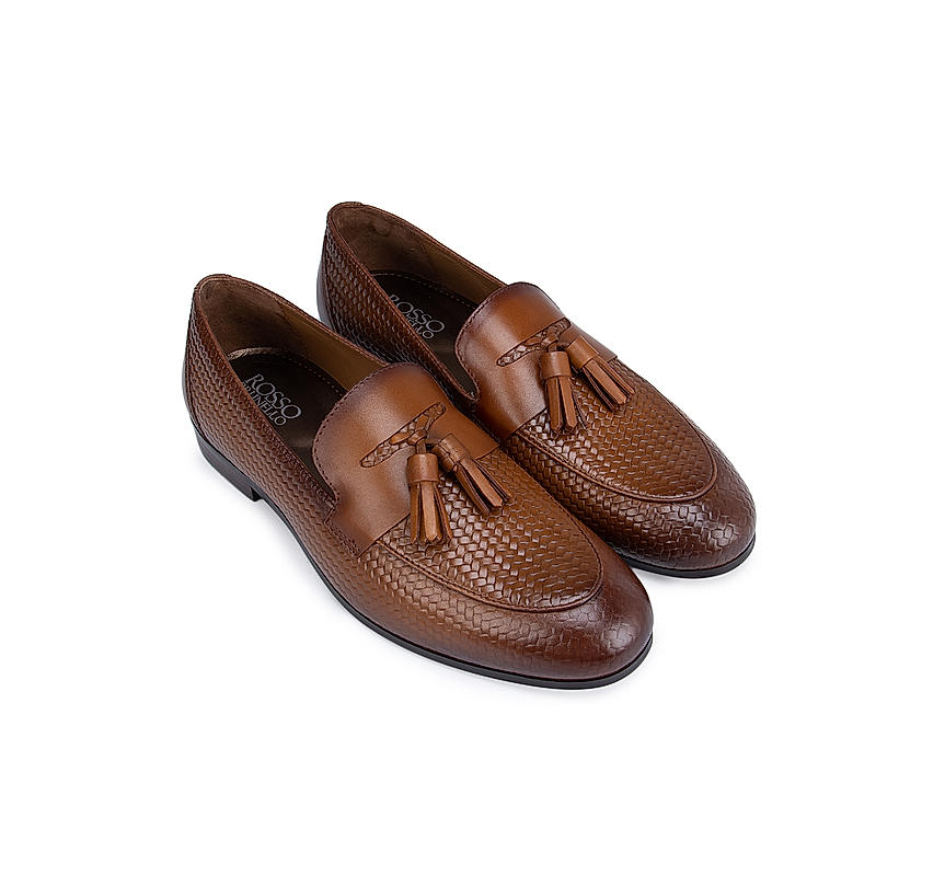 Tan Textured Leather Loafers With Tassels