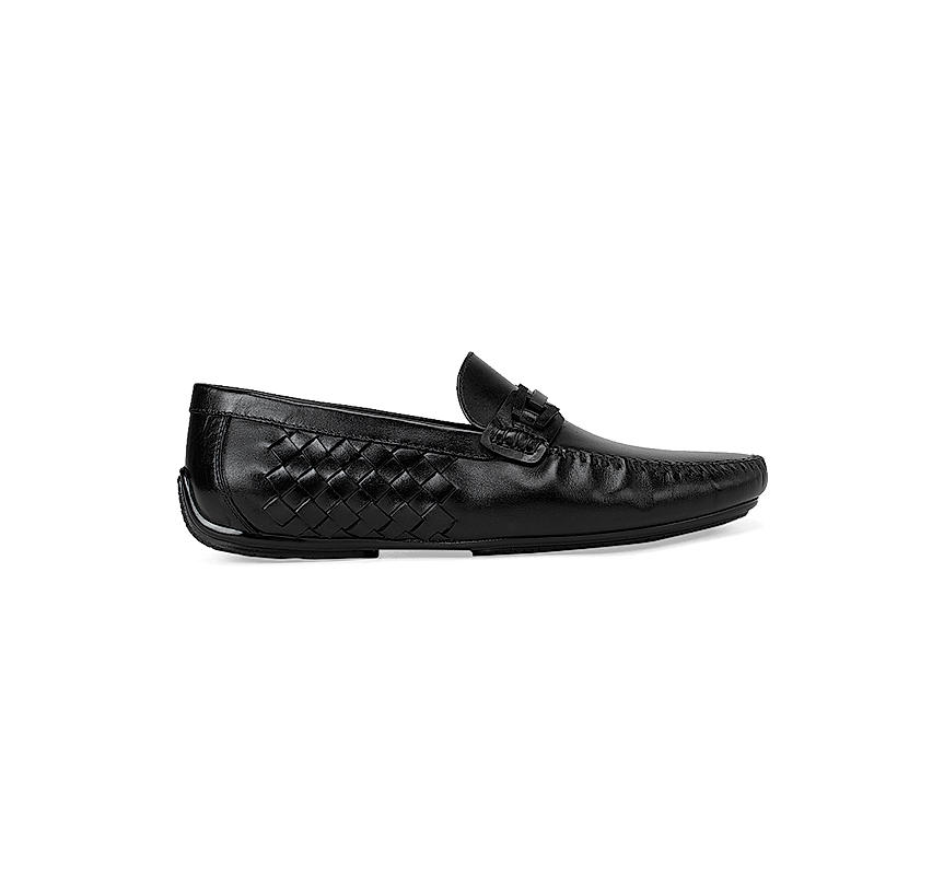 Black Weave Textured Leather Moccasins