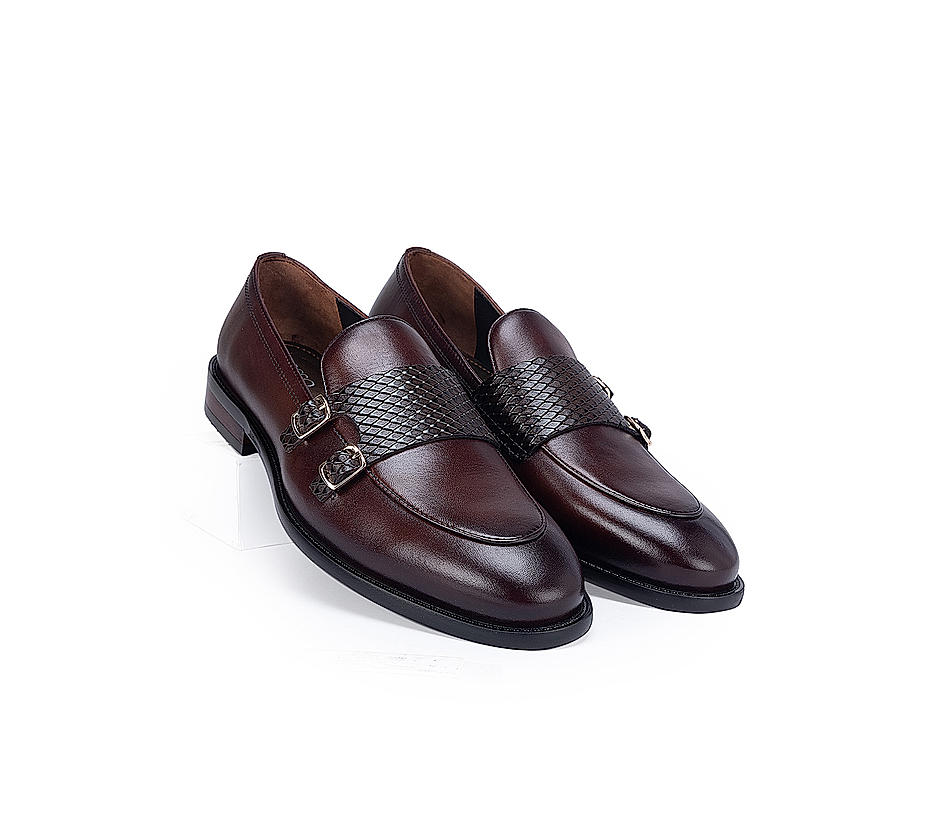 Coffee Textured Leather Monk Strap Shoes