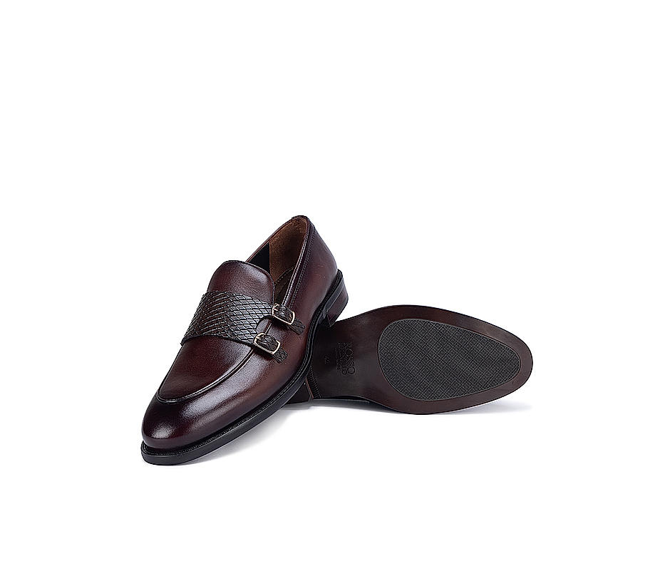 Coffee Textured Leather Monk Strap Shoes