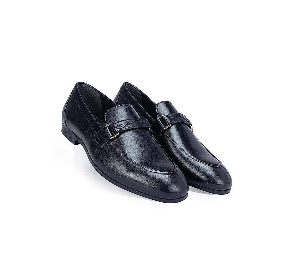 Black Plain Leather Panel Loafers