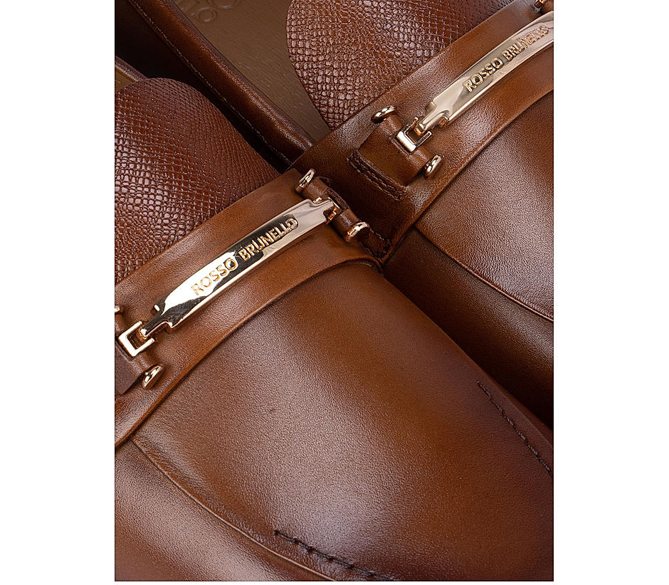 Tan Leather Loafers With Gold Buckle
