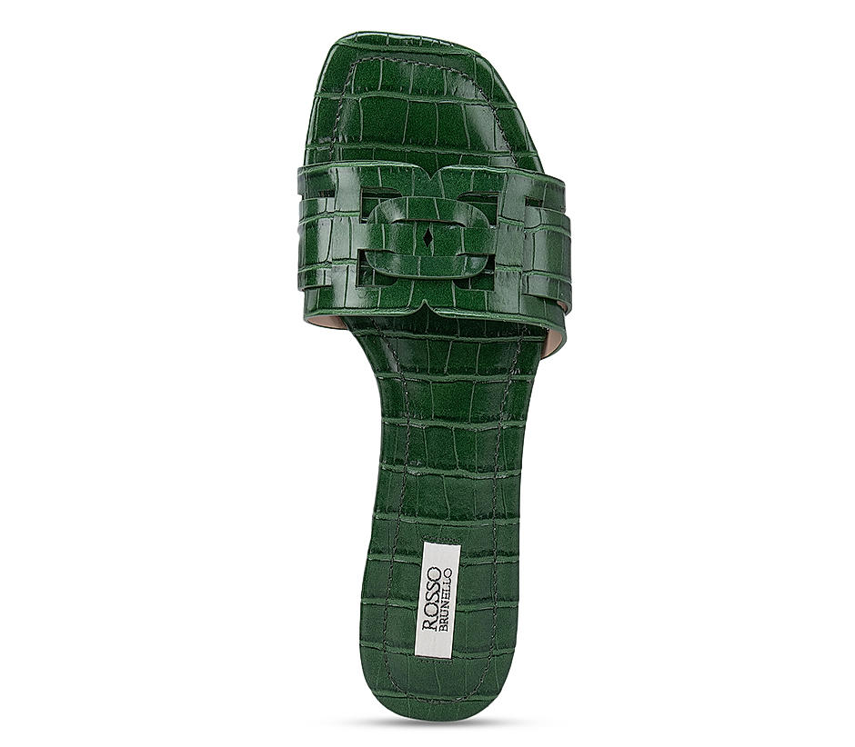Green Croco Textured Strap Sliders