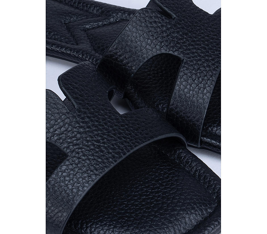 Black Foux Leather Sliders