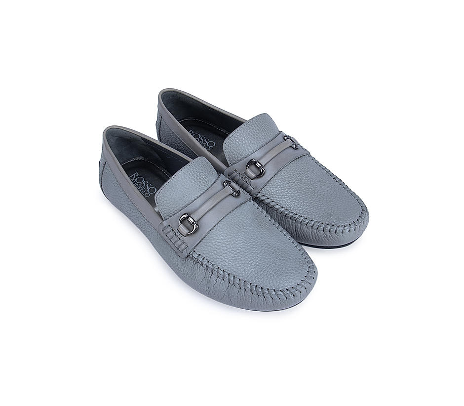Grey Textured Leather Moccasins With Panel