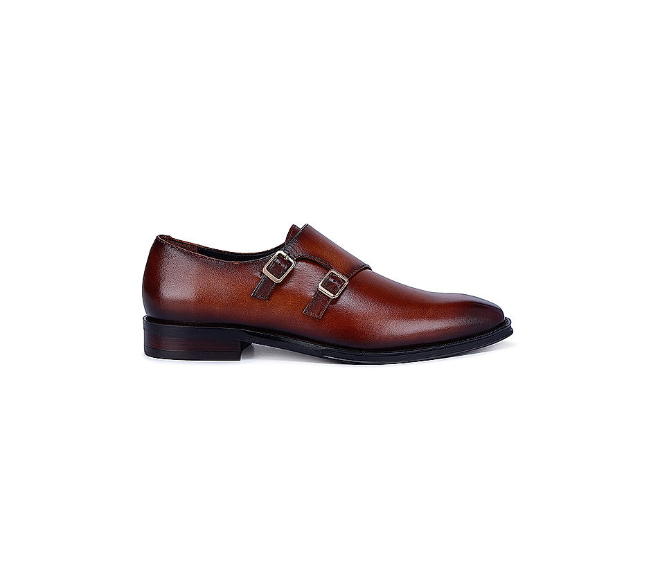 Tan Plain Double Monk Strap Shoes