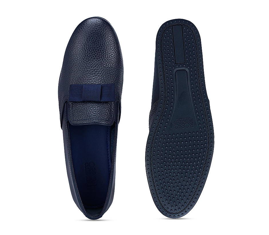 Navy Textured Loafers With Top Bow
