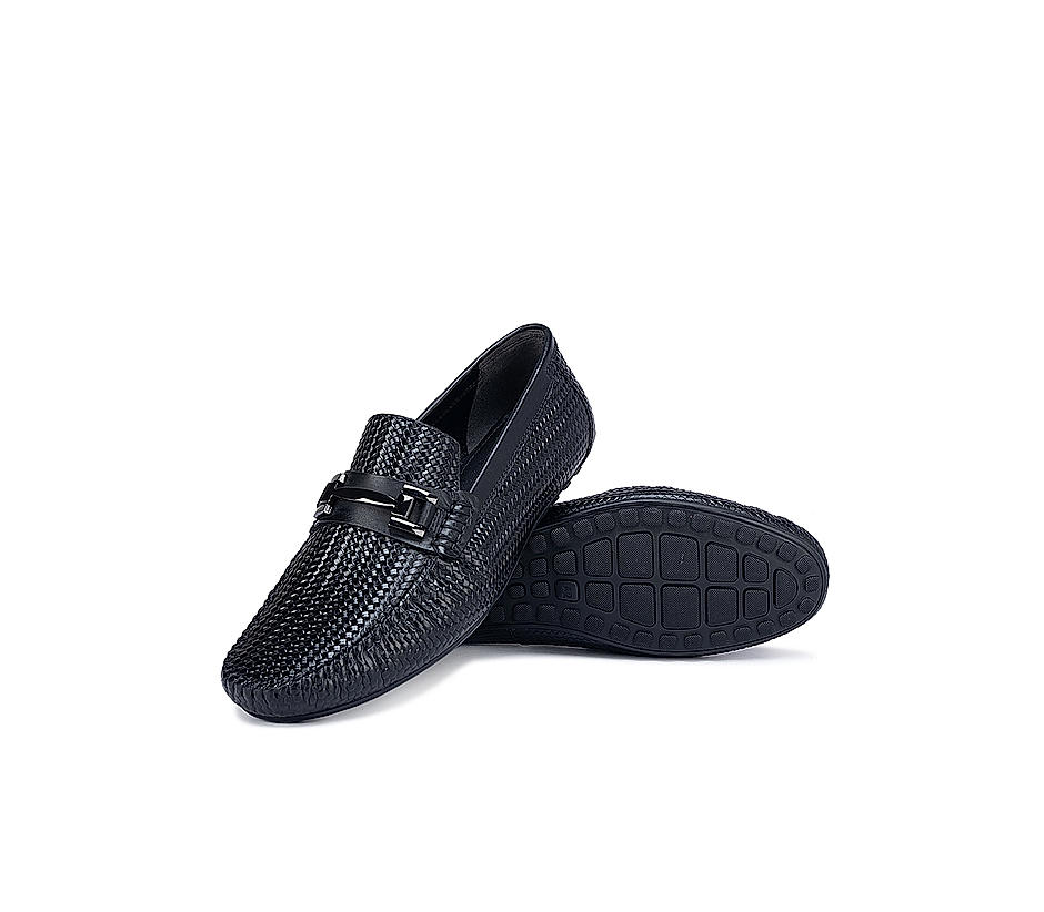 Black Textured Moccasins With Buckle