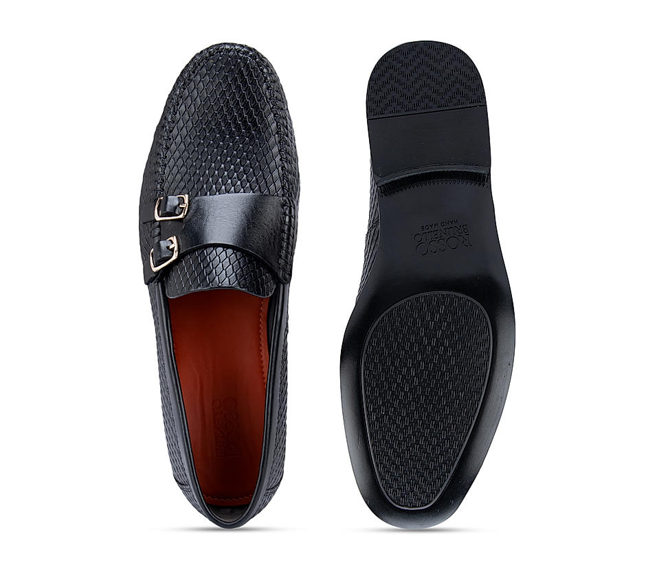 Black Textured Double Monk Strap Style Moccasins