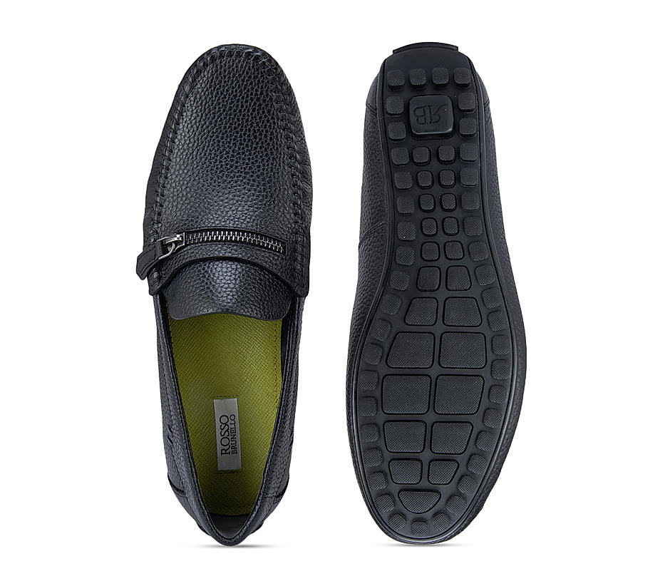 Black Textured Moccasins With Zipper Detail
