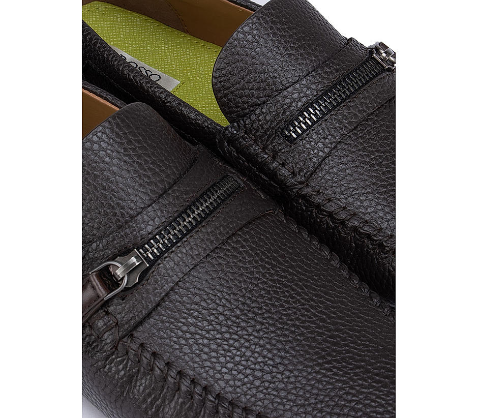 Coffee Textured Moccasins With Zipper Detail