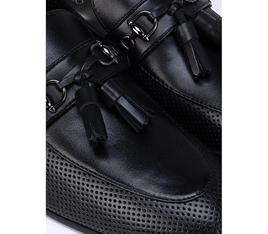 Black Perforated Loafers With Tassels