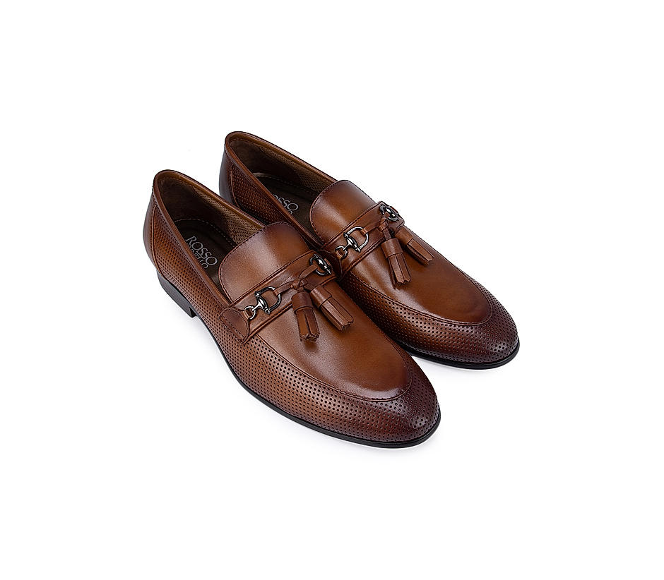 Tan Perforated Loafers With Tassels
