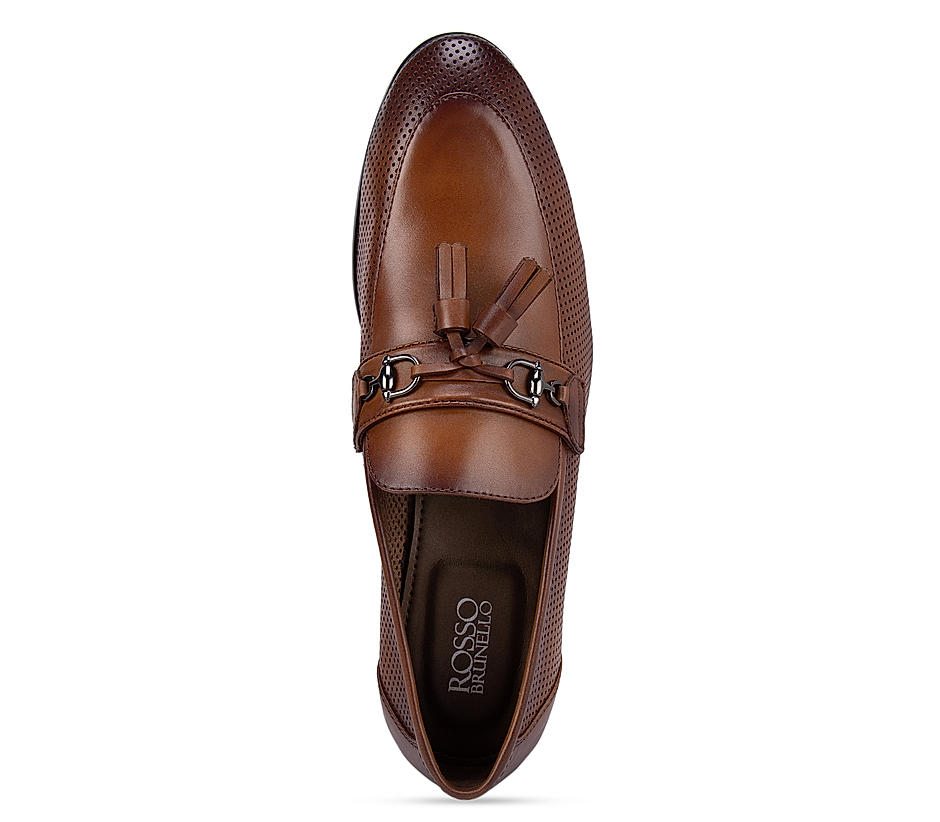 Tan Perforated Loafers With Tassels