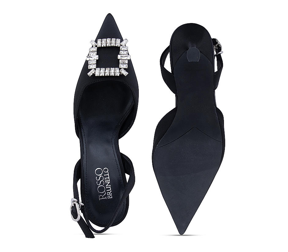 Black Buckle Embellished Slingback Heels
