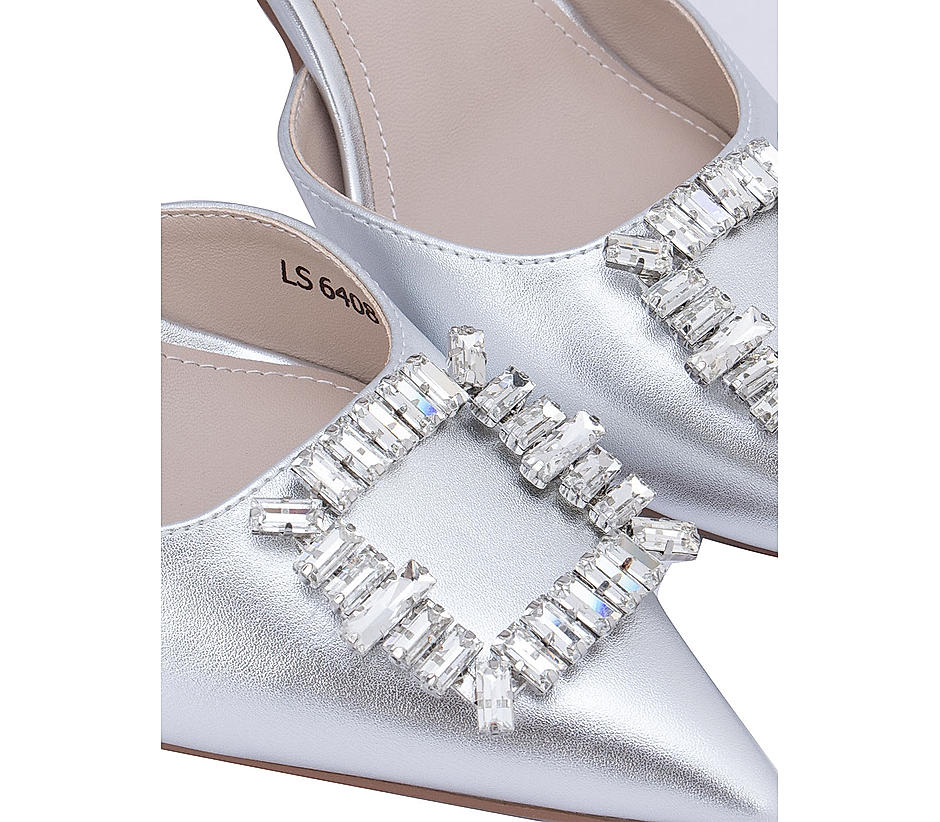 Silver Buckle Embellished Slingback Heels