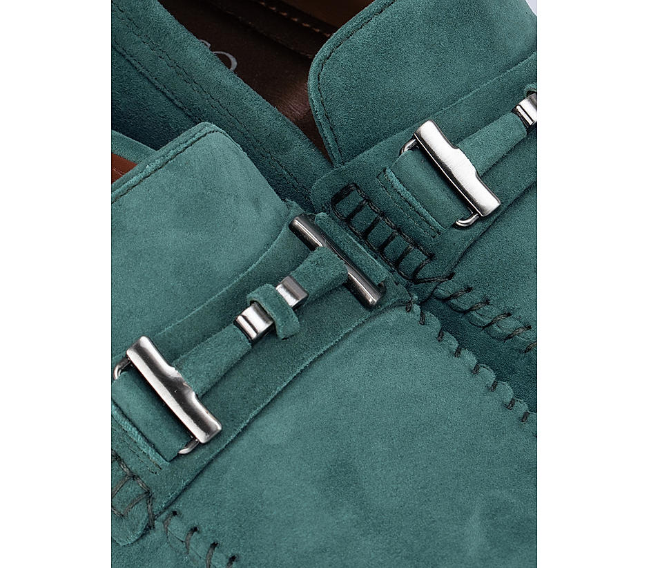 Green Suede Moccasins With Metal  Buckle