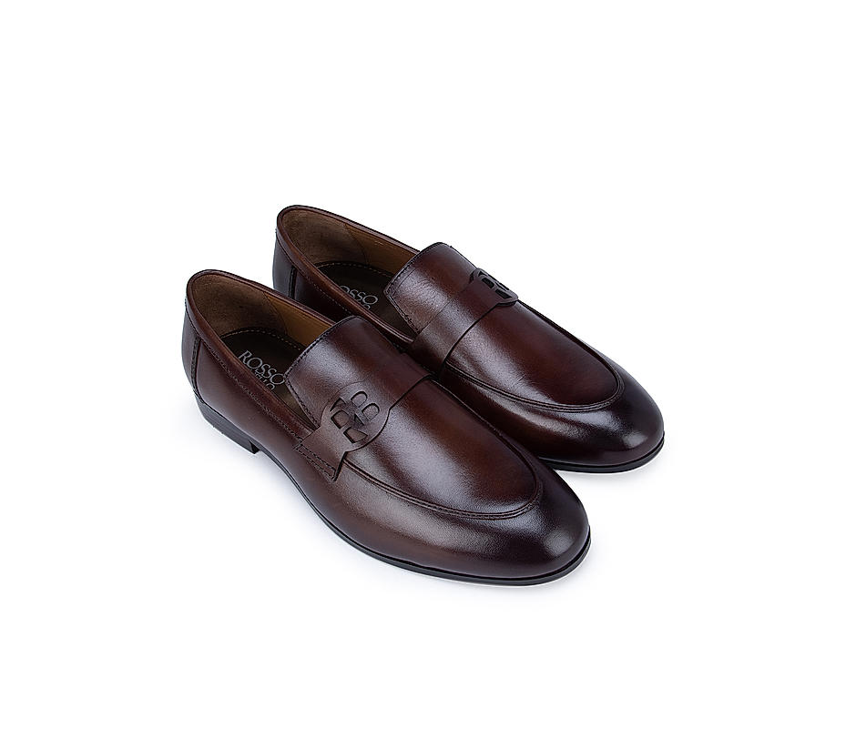 Coffee Textured Loafers With Logo Strap