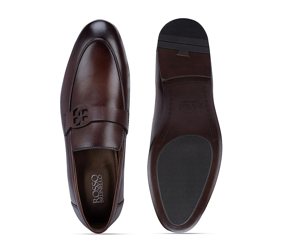 Coffee Textured Loafers With Logo Strap