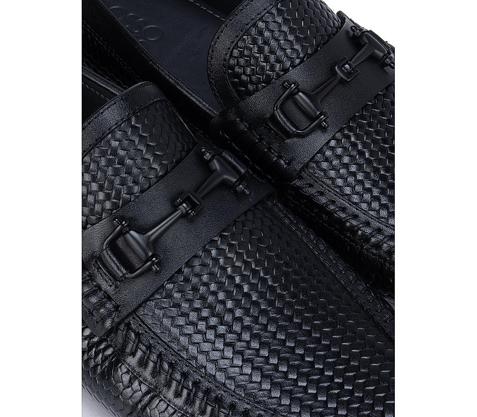 Black Textured Leather Moccasins With Buckle