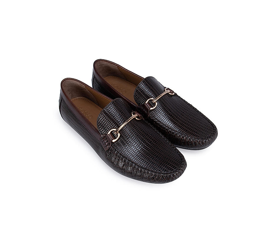 Coffee Textured Moccasins With Metal Buckle