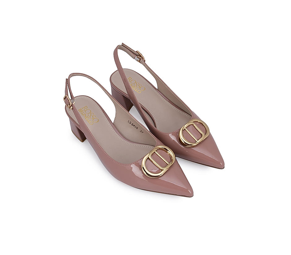 Pink Slingback Pumps With Gold Embellishment
