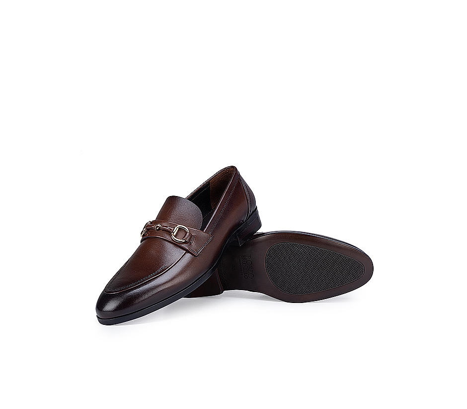 Coffee Leather Loafers with Metal Buckle