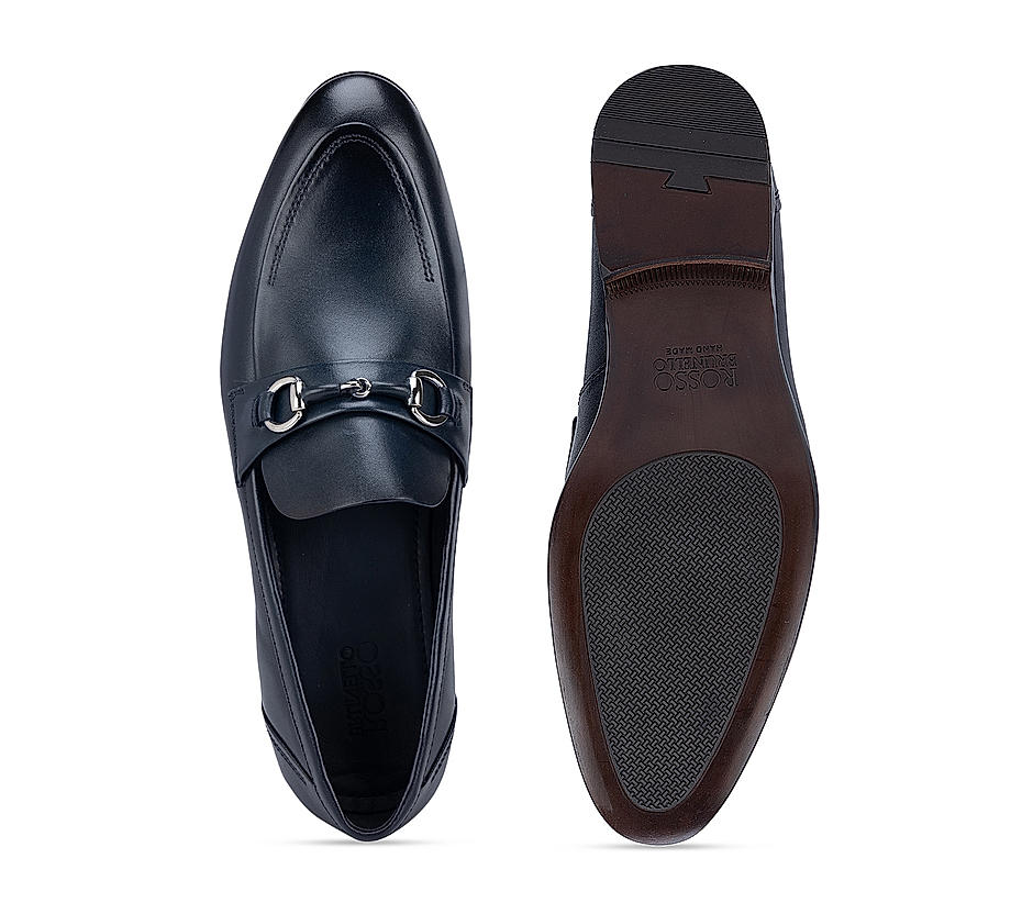 Navy Leather Loafers with Metal Buckle