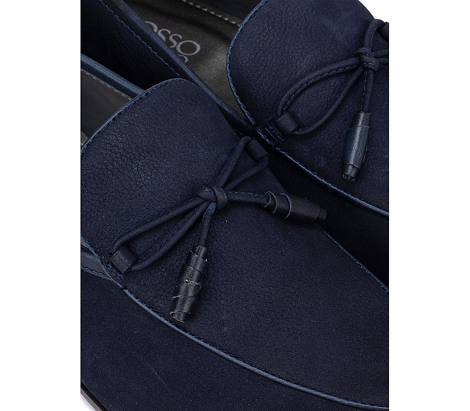 Blue Textured Loafers With Bow Detail