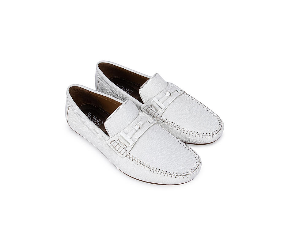 White Textured Leather Panel Moccasins