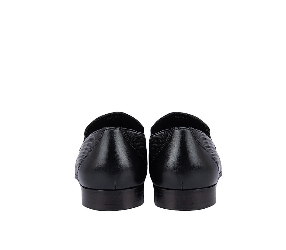 Black Textured Leather Loafers With Tassels