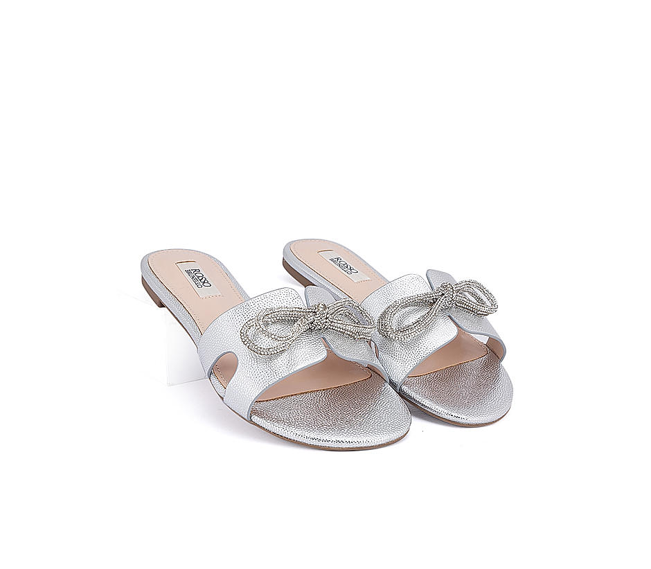 Silver Faux Leather Bow Flats